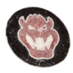 The scary looking Bowser logo: a red monster face with a white outline on a black glitter-covered disk